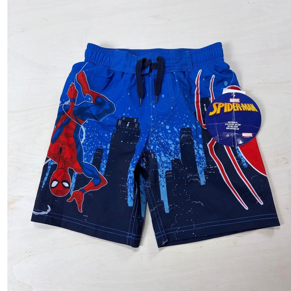 Marvel Spiderman Boys Swim Trunks Blue Cityscape Board Shorts Size XS 4/5 NWT